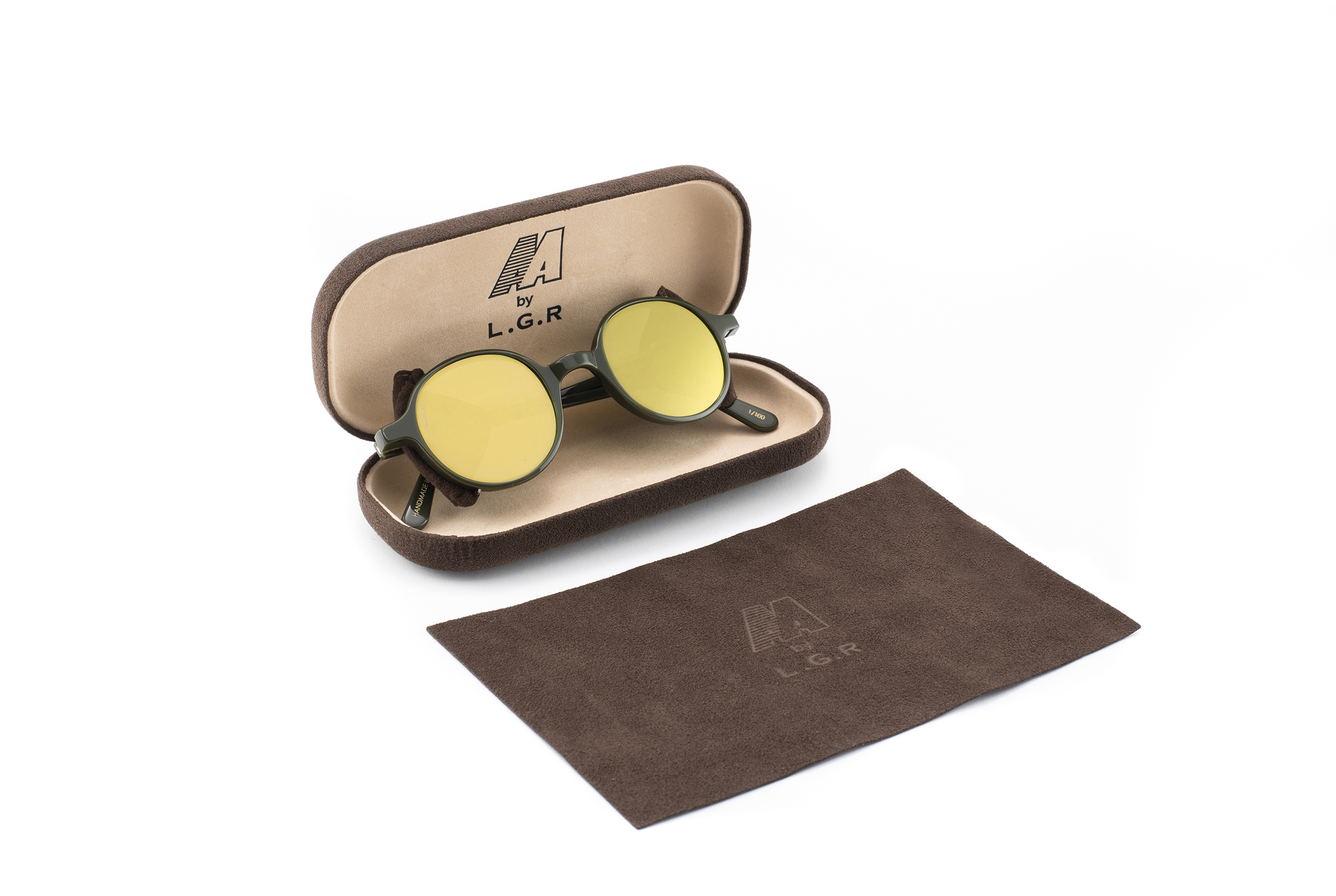 3099-REUNION FLAP AA BY L.G.R-GREEN 14-BROWN ALCANTARA-FLAT GOLD MIRROR-PACKAGING-1